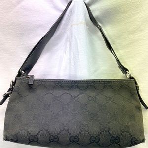 Gucci black canvas monogram mini purse with black leather shoulder strap